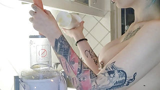 Food play in the kitchen while live on cam...