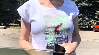 Stranger with Big Tits Sucks Dick and Fucks in Car for Cash
