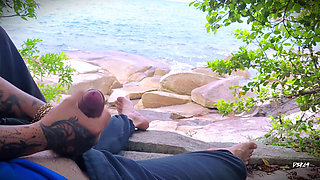 Handjob surprise ejaculation on the beach