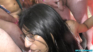 Two Stunning Looking Babes Eating All the Cum From Multiple Dick's