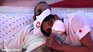 Naughty nurse working her hands and lips on lucky cock