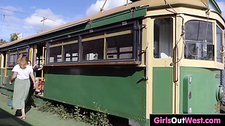 Two lesbian BBWs make out in vintage tram carriage