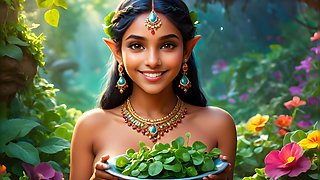 Beautiful Big Breasted Nude Indian Elf Girl with Watercress