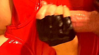 Dominatrix Fendom Mistress In Pvc Milking Cock With Oiled Hands In Leather Gloves