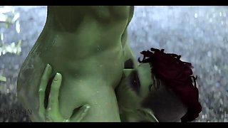 Two muscular curvy orc sisters and their sex in the rain