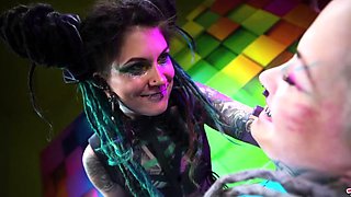 Tattooed freaks enjoying wild girls only fun with sex toys
