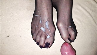 Shiny semen on wife's black nylon feet - black polish pedicure