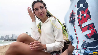 Katty West Helps Stranger Cum with Public Handjob & Blowjob on Beach - POV Close-Up!