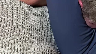 Cruel Headscissors in Blue Leggings on the Couch