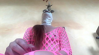 Rough  blowjob and creampie in pink fishnet