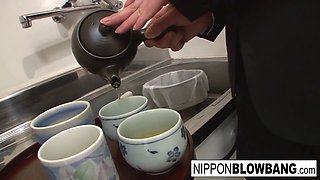 Sexy Asian office girl blows her coworkers