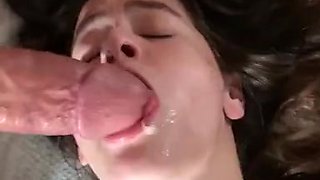 Petite brunette gets a messy creampie after sucking on big cock