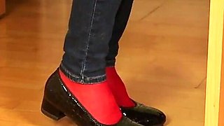 Red Nylon Feet in Black Shiny Heels - Dangling & Tease in Tight Jeans