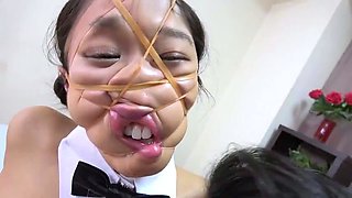 Asian girl giving blowjob licked in 69 fucked on the bed