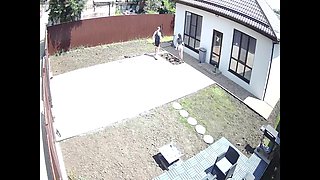 Caught In Front Of A Security Camera. Busty Girl Sucks Boyfriend In My Backyard!