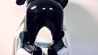 Moaning Shiny latex and nylon guy cock cum 2 times jerking