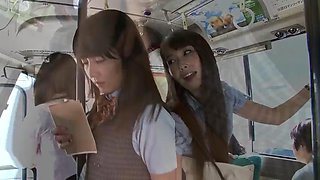 Mature japanese lesbian Emika Sakuragi seducing student Sayo Arimoto on bus scene 1