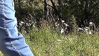 Sensual sex in the open air. Cum on legs