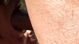 Multiple hot babes blowing 3 guys outdoors