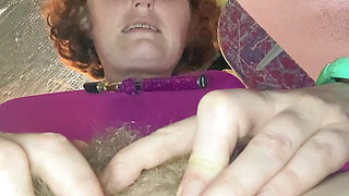 Mom almost wets herself before shoving her pussy in your face and pulls her sexy hairy outer lips apart by using her pubes