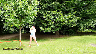 Stepfather and step son pick up busty teen working out in the park - 18-year-old natural big bouncing boobs