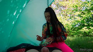 Brunette Hippie Jerks Me Off for Free in a Tent