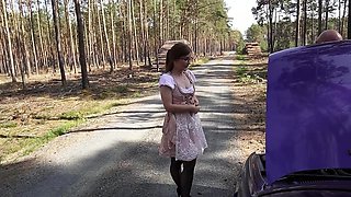 Glasses wearing gal is going to get fucked next to her car