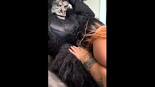 Lucky guy in monkey costume gets hot blowjob from sexy babe