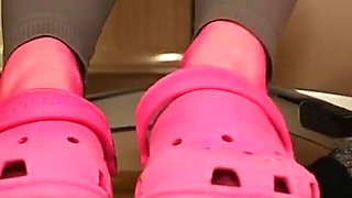 Sock Removal & Clog Shoeplay Under the Desk - Grey Leggings, Pink Clogs & Nylons