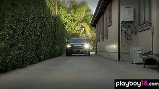 Naked blond hair girl and her GFs washing a car