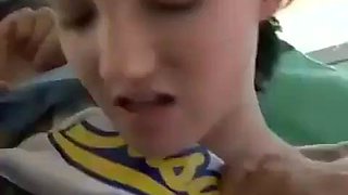 Asian guys fuck white cheerleader on bus