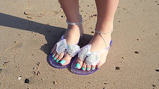 Outdoor Footjob on Beach From Hot Blonde with Long Toenails