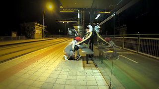 Really Risky Sex at a Bus Stop with a Young Stepsis That Ends with an Orgasm and a Cumshot