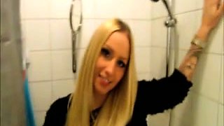 Blond haired GF of my buddy teased his dick in the public toilet