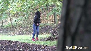 Filthy raven haired bitch goes wild about flashing out in woods