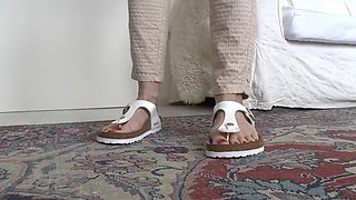 White Toe Separator Slippers and Sexy Red Toenails, Foot Fetish Lady Victoria Valente