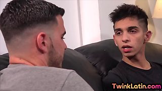 Bareback Latin twink cums on a leather couch while being assfucked