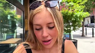 Sensuous blonde teen flashing her perky tits in public