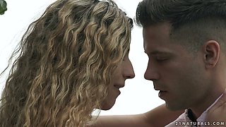 Curly long haired girlfriend Shona River gives BJ before being analfucked