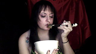 Dumb bitch eats dumplings and masturbates