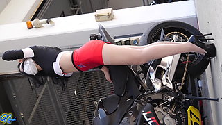 Motorbike Mechanic girls in skirt, stockings and heels 1