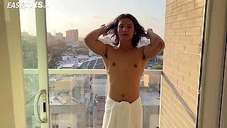 Handsome latino boy gets handjob his big penis ejaculate