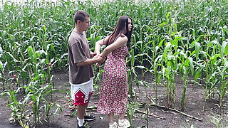 Fucked slutty step sister in dress on cornfield and cummed on her ass