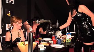 Femdom fetish babes punish dude with toy