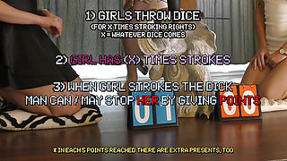 Two hot beautiful horny girls try to make a big cock guy cum with a dice challenge double handjob game