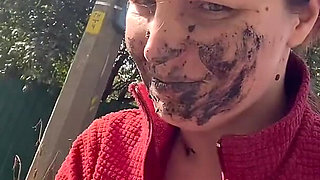 Licking Mud, Spit From Path, Walking with Dirt on Face and Tits