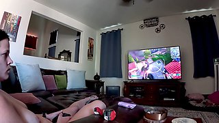 Naked gamer girl getting into video games action