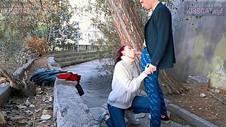 Crimson haired babe with glasses, Smooch Cat is getting humped in a public place, in the afternoon