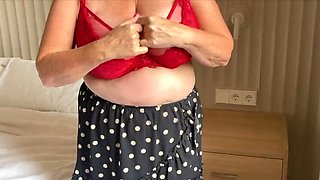 Mrs Mature Amateur Homemade with Big Natural Tits in Red Lingerie and Stockings Foot Fetish