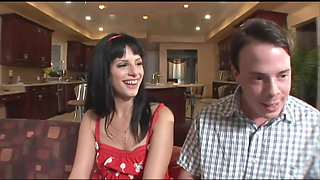 Hot brunette tastes a real huge cock